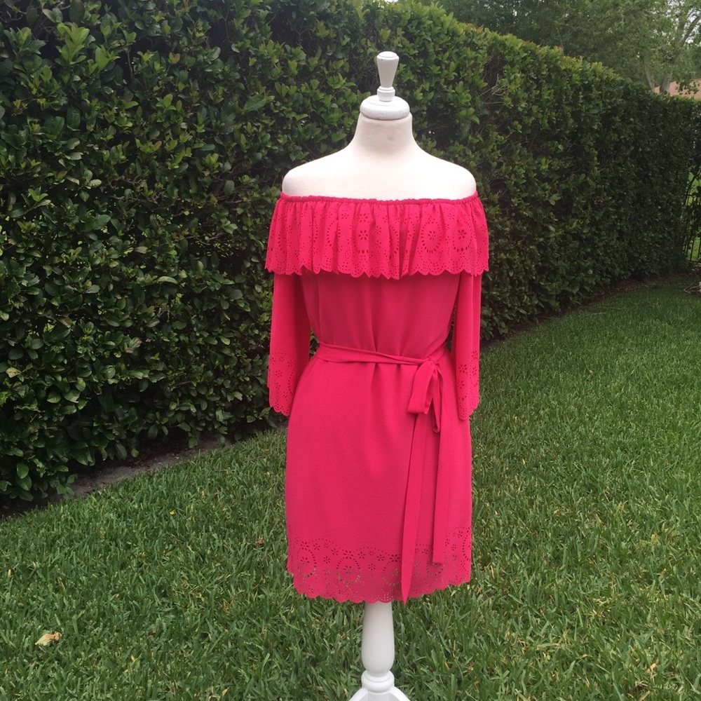 Tahari Off Shoulder  Dress With Tie Eyelet Detail